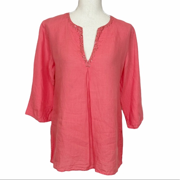Eileen Fisher Coral Irish Linen Tunic w/Sequins Sm - Picture 2 of 9